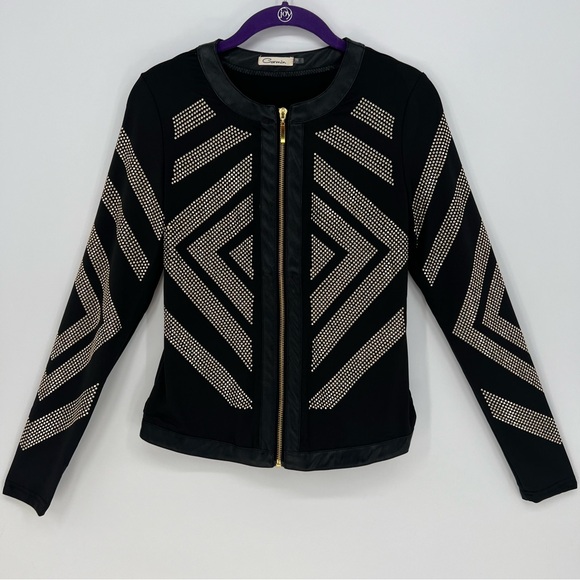 Carmin Womens Top or Jacket Gold Studded Vegan Leather Trim Full Zip Long Sleeve - Picture 2 of 15